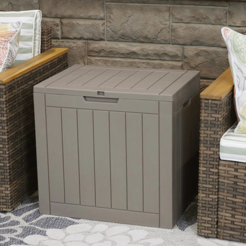 Lockable Outdoor Deck Box For Patio Storage Weather Resistant 32 Gallon Faux Plank Driftwood Finish beside wicker chairs