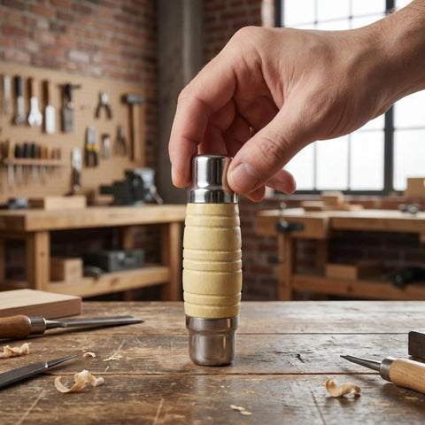 Replacement Knife Handle For Kitchen Knives, Non Slip Wood Grip Round Handle, DIY Restoration Kit shown in a workshop setting