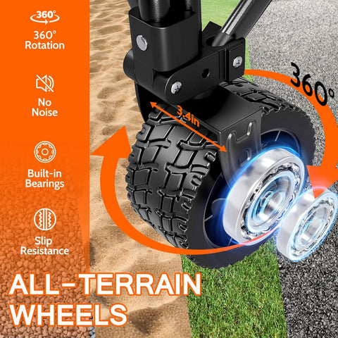 Close-up of all-terrain wheels on Heavy Duty Foldable Wagon Cart With 420 Lb Capacity And Big Wheels For Sand Camping Garden Sports.