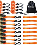 Trucker Grade Ratchet Tie Down Straps 8 Pack One Inch By 16 Feet includes straps with rubber handles and a black storage bag.