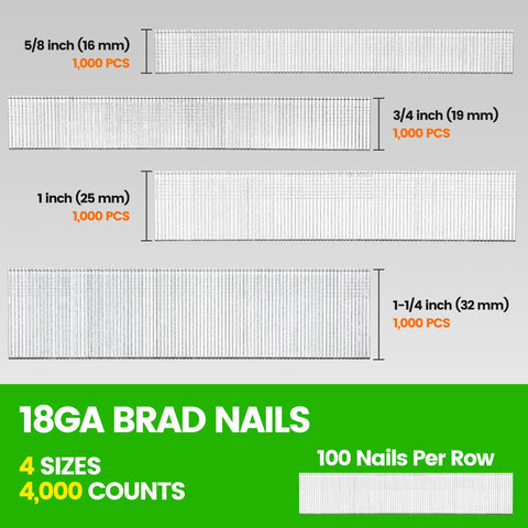 18 Gauge Brad Nails Assortment Kit 4000 Piece Set In Four Sizes Five Eighths Three Quarters One And One Quarter Inch