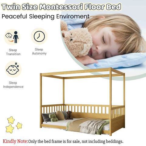 Twin Size Canopy Bed Frame With Four Posters And High Guardrails For Kids Montessori Floor Bed Natural Wood Kid Friendly Cozy Canopy For Boys And Girls Safe Sleep Space With Curtains Lights And Fabric Panels