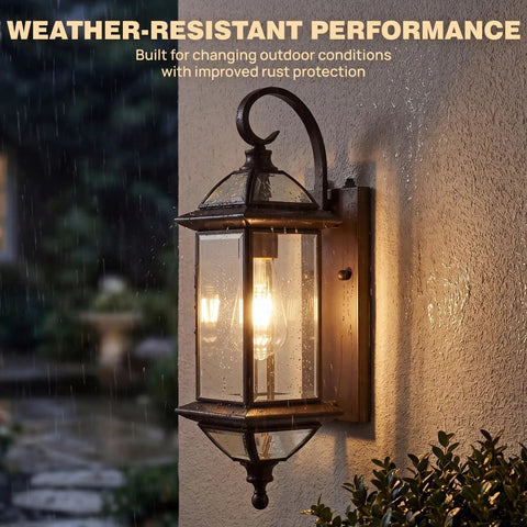 Solid Copper Dusk To Dawn Outdoor Wall Light With Clear Beveled Glass In Oil Rubbed Bronze, 18.5 Inch Exterior Wall Sconce illuminated at night