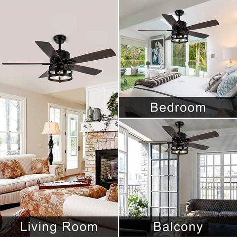 Retractable Caged Ceiling Fan With Lights For Indoor And Outdoor Use in living room, bedroom, and balcony settings