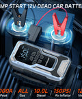 6000A Jump Starter With Air Compressor And 150 PSI Tire Inflator, 12V Jump Pack connected to car battery on engine