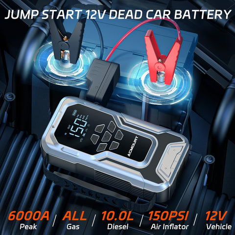 6000A Jump Starter With Air Compressor And 150 PSI Tire Inflator, 12V Jump Pack connected to car battery on engine