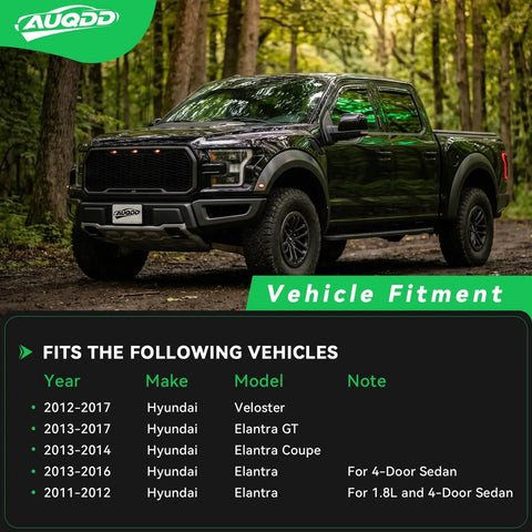 Vehicle fitment chart showing compatibility with Hyundai Veloster and Elantra models from 2011 to 2017