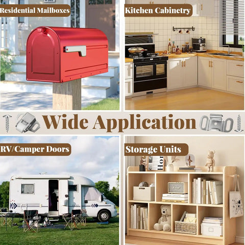 Heavy Duty Mailbox Replacement Roller Catch Kit With Screws showing applications on mailboxes, cabinets, RV doors, storage units.