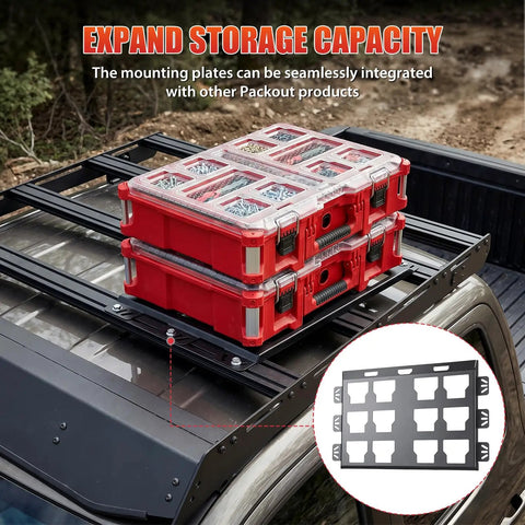 2 Packout Mounting Plates With 100 Lb Load Capacity Heavy Duty Metal Base Fully Compatible With Packout Modular Storage System 48-22-8486 Perfect For Tool Storage And Workshop Organization 2pc Set, shown holding red tool boxes on a truck rack.