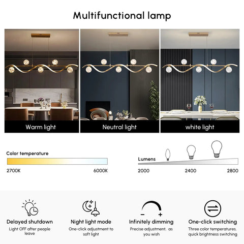 Modern Linear Pendant Light Set Featuring Six Glass Globe Shades Dimmable Gold Kitchen Island Fixture That Delivers Straight Up Main Stage Vibes To Your Dining Table And Open Concept Rooms Right Now with three light settings.