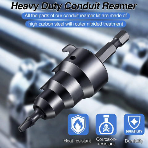 Close-up of Pro Grade Conduit Reamer Kit with bit retention, heat and corrosion-resistant features made of high-carbon steel