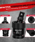 Flexible Universal Joint Socket Swivel Set Three Piece One Half Inch One Quarter Inch Three Eighth Inch Premium CR MO Steel Wobble Adapters With Black Coating For Heavy Duty Tough Tasks, featuring a CR-MO material with ball spring design and flexible rotation.
