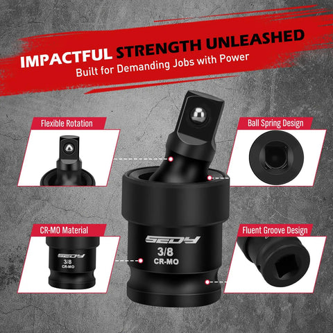 Flexible Universal Joint Socket Swivel Set Three Piece One Half Inch One Quarter Inch Three Eighth Inch Premium CR MO Steel Wobble Adapters With Black Coating For Heavy Duty Tough Tasks, featuring a CR-MO material with ball spring design and flexible rotation.