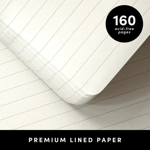 Top Shelf Hardcover Lined Journal Notebook With College Ruled Pages For Your Daily Grind And Heavy Note Taking showing 160 acid-free lined pages.