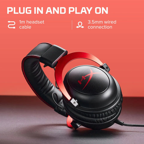 Cloud II Gaming Headset With Seven Point One Surround Sound Over Ear Gamer Ready Memory Foam Ear Pads And Durable Aluminum Frame For PC PS4 PS4 Pro Xbox One And Xbox One S Multi Platform Red shown with 1m cable and 3.5mm connection