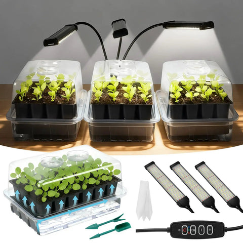 No-Fuss All-In-One 72 Cell Self Watering Seed Starter Kit With Grow Light Three Pack Trays With Humidity Domes and Capillary Mats