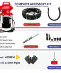 110V Electric Drain Auger Workhorse Sewer Clog Remover With 20 Meter 16mm Flexible Spring And 7 Piece Cutting Bit Set All Inclusive Kit Home Plumbing No Sweat showing main unit, flexible spring, tools, and gloves.