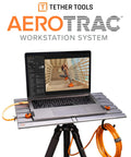 AeroTrac Foldable Laptop Tray for Tripod Mounting with laptop, shown mounted on tripod with cables, workstation for video production.