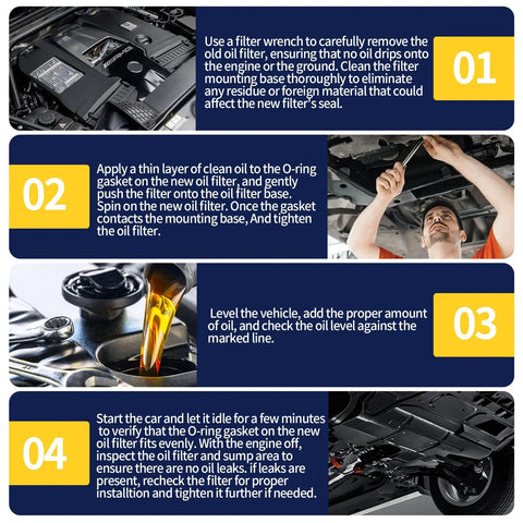 Installation steps for premium oil filter for Mercedes-Benz vehicles with focus on removing old filter and applying new one.