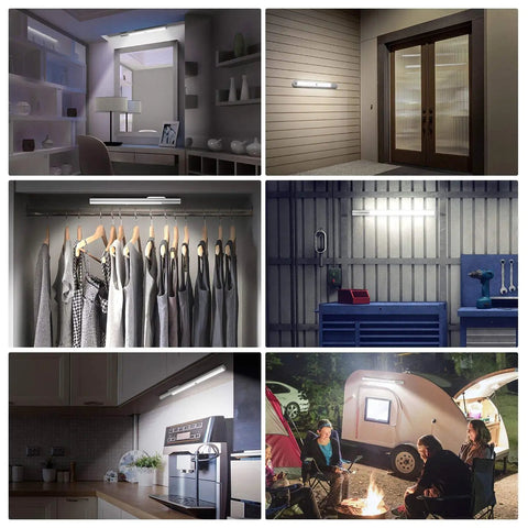 Super Bright Wireless Closet Light With Motion Sensor No Wiring Needed 6000K White Glow Rechargeable 4500mAh Battery Easy Under Cabinet Mount With Screws Or 3M Adhesive Magnetic On Iron Surfaces Up To 180 Days Battery Life shown in various home settings illuminating closets, cabinets, and outdoor spaces.
