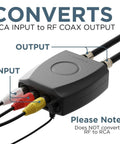 RCA To RF Modulator For Coax TV Setup Converts Composite Video And Audio To Channel 3 Or 4, input and output ports labeled
