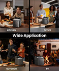 Nugget ice maker countertop in stainless steel; Amazon brand compact pellet ice machine shown in kitchen and office.