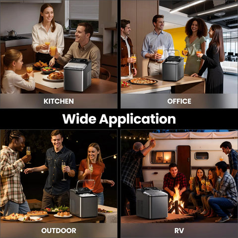 Nugget ice maker countertop in stainless steel; Amazon brand compact pellet ice machine shown in kitchen and office.
