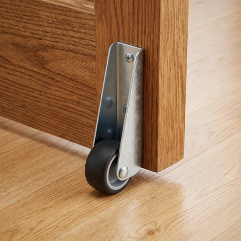4 Pack Heavy Duty Sliding Door Replacement Caster Wheels Steel And Rubber Track Rollers With Smooth Directional Rolling Zero Noise Side Mount Design For Wooden Gates And Garden Fences Roll Smooth As Butter mounted on wooden door.