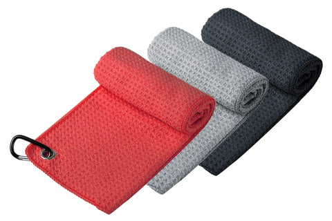 Three Microfiber Golf Towels 16 By 16 Inches With Carabiner Clip Waffle Pattern Hook And Loop Fastener Portable Ball And Club Cleaner
