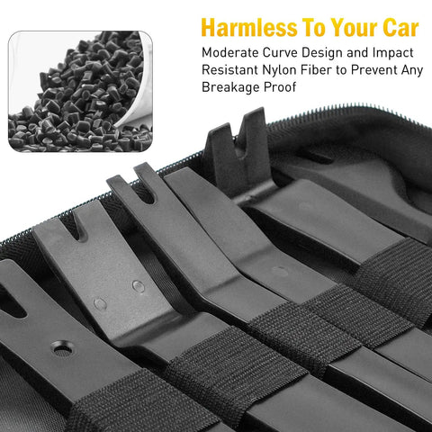Close-up of straight pry bars in nylon automotive trim removal kit, showcasing moderate curve design for safe use.