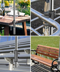 Outdoor Umbrella Clamp Heavy Duty Stainless Steel Deck Mount With Adjustable Arm And Umbrella Hook Accessory in use on table, railing, bleacher, and bench
