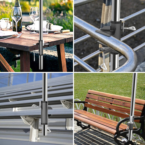 Outdoor Umbrella Clamp Heavy Duty Stainless Steel Deck Mount With Adjustable Arm And Umbrella Hook Accessory in use on table, railing, bleacher, and bench