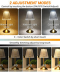 Cordless Led Table Lamp With 4000mAh Battery, 3 Color Modes, Stepless Dimming, Touch Control, showing warm to cold light settings