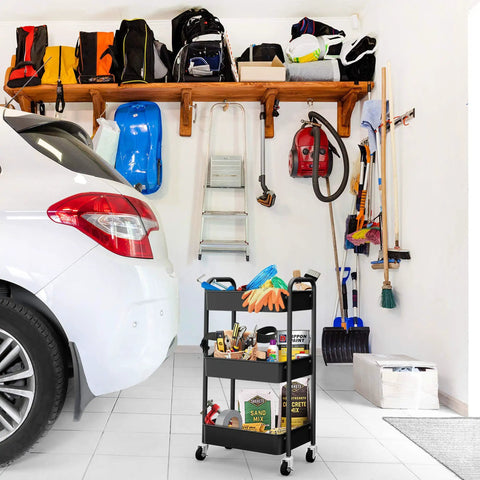 Black 3 Tier Rolling Metal Storage Organizer Cart With Caster Wheels Mobile Utility Kitchen Cart For Home Office Garage And Craft Space Durable Powder Coated Steel With Mesh Shelves, in a garage setting