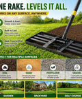 Heavy Duty Stainless Steel Lawn Leveling Rake With 28 To 60 Inch Adjustable Handle No Flip Design Keeps It Flat While You Push Smooth Edge Top Dressing Tool For Yard Garden And Lawn Care on a lawn