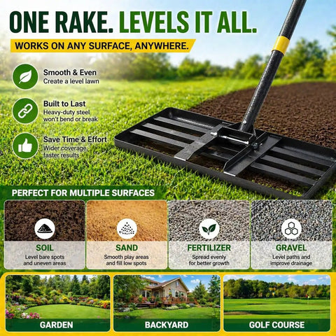Heavy Duty Stainless Steel Lawn Leveling Rake With 28 To 60 Inch Adjustable Handle No Flip Design Keeps It Flat While You Push Smooth Edge Top Dressing Tool For Yard Garden And Lawn Care on a lawn