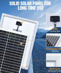 Keep Your 12V Batteries Charged With A 25W Waterproof Solar Panel Kit And Trickle Maintainer Featuring An Adjustable Mount Bracket And Upgraded Controller For Cars, RVs, Boats, Motorcycles, And Marine Use with labeled features on road background