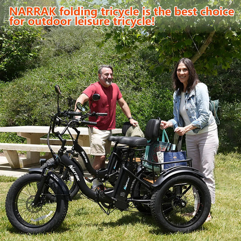 Couple with Fat Tire Electric Tricycle For Adults Foldable Three Wheel E Trike With Removable Battery And Large Basket 750W
