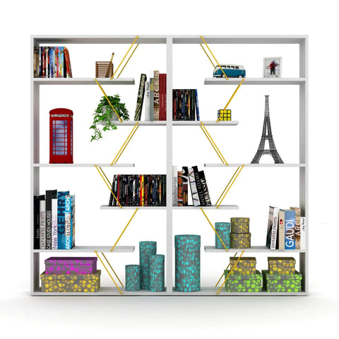 Books and decor on Six Tier Wall Corner Storage Shelf For Bedroom - Industrial Bookcase Style Bookshelf With Open Wood Frame