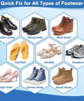 Quick fix options for various footwear including leather shoes, hiking boots, work boots, flip-flops, sandals, sneakers, high heels, canvas shoes, and suede shoes.