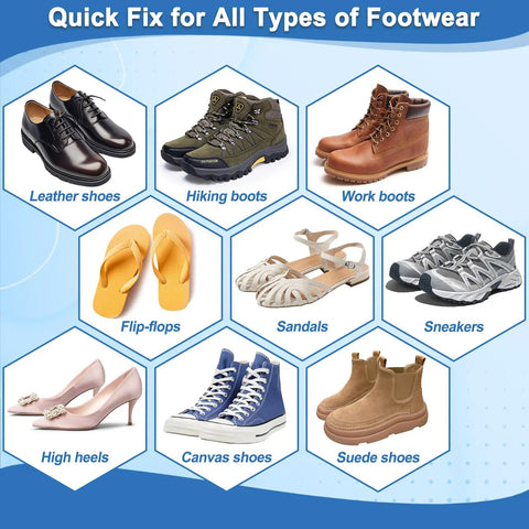 Quick fix options for various footwear including leather shoes, hiking boots, work boots, flip-flops, sandals, sneakers, high heels, canvas shoes, and suede shoes.