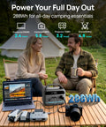 Couple camping with Ultra Portable Power Station 600W Peak 1200W, 288Wh LiFePO4, powering devices like a laptop and drone.