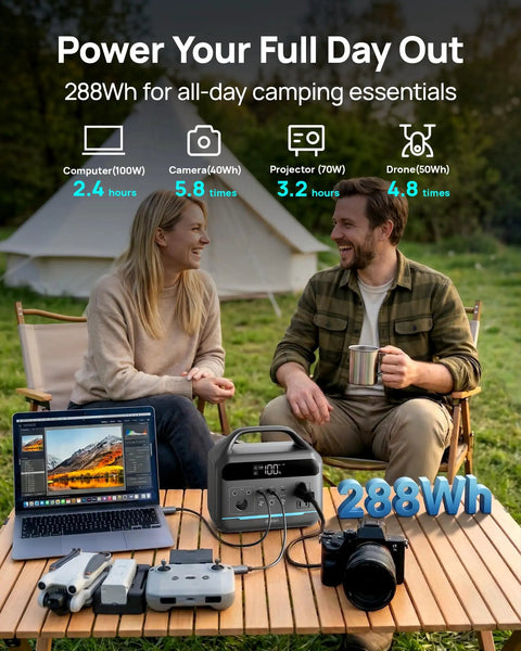 Portable Power Station 600W With 80W Solar Panel 288Wh LiFePO4 Battery on table with camping setup