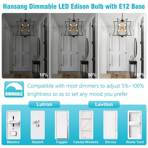 Comparison of dimmable settings on a ceiling chandelier using E12 Candelabra LED Bulbs 40W Equivalent 4000K Natural Daylight Dimmable.