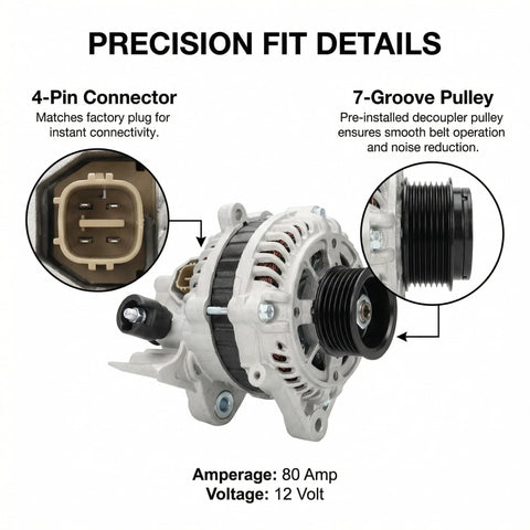 Plug And Play Alternator For Honda Civic 2006 To 2011 1.8L L4 Non Hybrid, 80 Amp 12 Volt With 7 Groove Pulley, Direct Bolt On