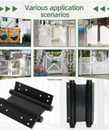 8 Inch Black Double Action Door Hinges Self Closing For Cafe Saloon Pub Swinging Doors 201 Stainless Steel Includes Pins And Screws Heavy Duty 4 Pack Set, shown with examples of installations