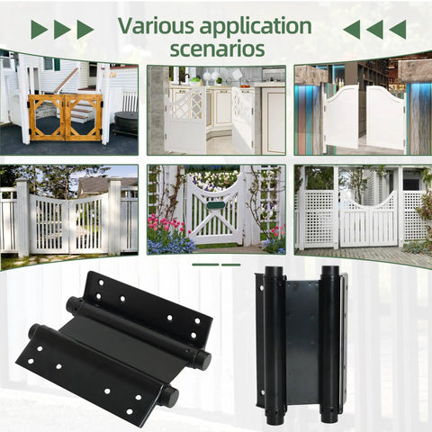 8 Inch Black Double Action Door Hinges Self Closing For Cafe Saloon Pub Swinging Doors 201 Stainless Steel Includes Pins And Screws Heavy Duty 4 Pack Set, shown with examples of installations