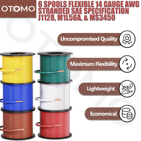 Six Color Red Blue Green Yellow Brown White 100ft Each 600ft Total 14 Gauge CCA Automotive Primary Wire Single Conductor Spool SAE J1128 Hook Up Electrical Wire For Trailer Towing RV Camper in six spools