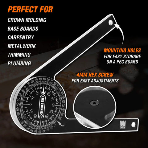Pro Level 7.25 Inch Miter Saw Protractor CNC Machined Aluminum Alloy with laser engraved scale and mounting holes.