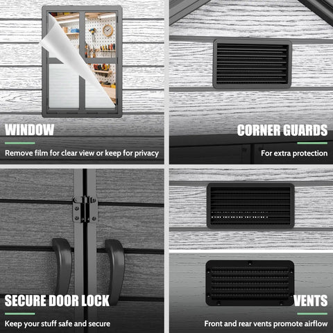 Close-up of 6 By 4.4 Ft Backyard Storage Shed With Floor Durable 16mm Resin Construction Weatherproof Lockable Tool Shelter features.